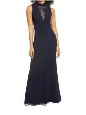 Vince Camuto Navy Sequin Illusion Yoke Maxi Dress